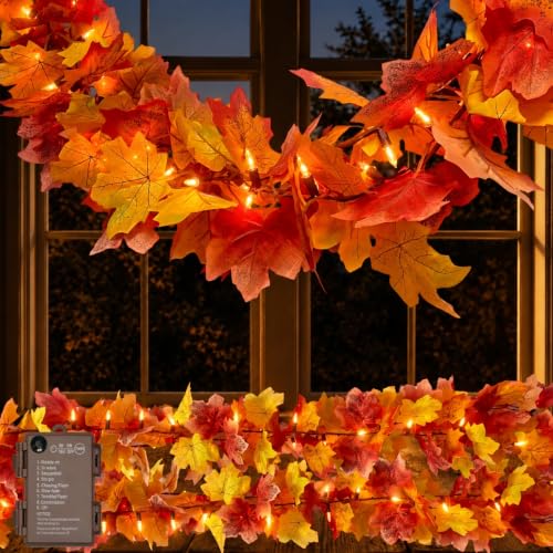 2 Pack Battery Operated Fall Garland with Lights 9.8FT Orange Leaves & 8 Lighting Modes