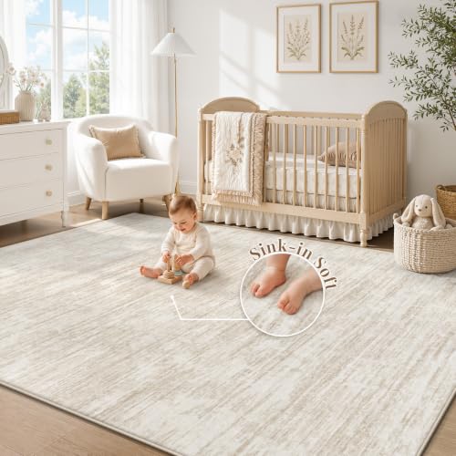 Beige 6' x 9' Washable Modern Abstract Area Rug Non Slip Indoor Carpet for Living Room