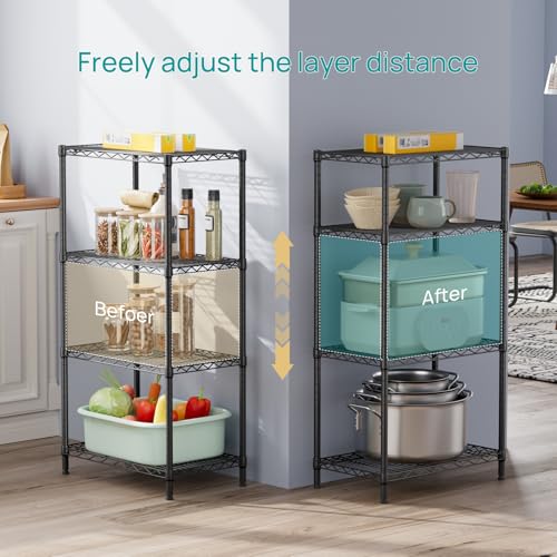 Adjustable Metal Shelving Unit - 4 Tiers Black Wire Storage Rack 14"D x 24"W x 48"H