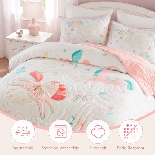 Kids Unicorn Pink Quilt Set 3pc Full/Queen Girls Bedding with Whimsical Tassels