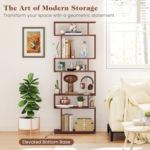 Giantex 6-Tier Geometric Walnut Bookcase with Anti-Tipping Kits - Modern S-Shaped Wooden Shelf