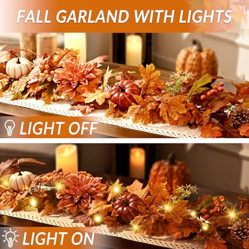 Orange 6FT Fall Garland with Lights - 2 Pcs Autumn Decor for Mantle & Porch