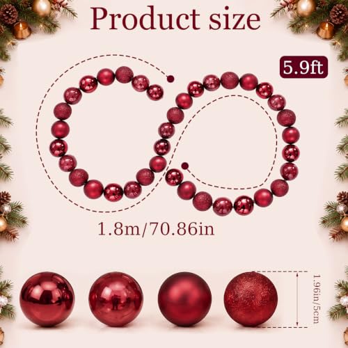 Jenaai 3-Pack Burgundy Christmas Ball Garland with Cherry Red Variation, 6ft Shatterproof Ornaments