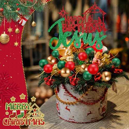 31 Pcs Happy Birthday Jesus Cake Topper Merry Christmas Balloon Topper Red Green Glitter Nativity Jesus Birthday Cake Pick for Nativity Scene Holiday Xmas Party