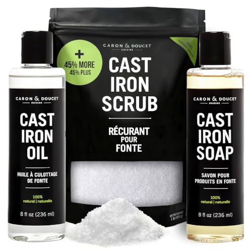 Cast Iron Restoring & Seasoning Kit - Includes Oil, Soap & Scrub - 2x 8oz & 1lb Variations