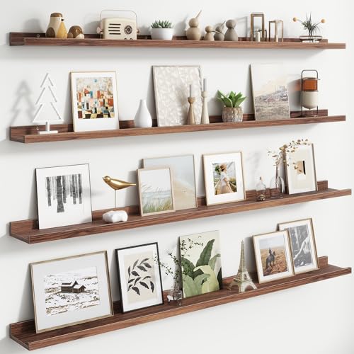FLYJOE 56-Inch Floating Picture Ledge Shelves Set of 4 Walnut Wall Display Shelves for Photos & Books