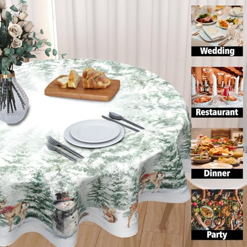 Winter Snowman 70in Round Christmas Tablecloth - Wipeable Polyester Cover for Kitchen & Dining