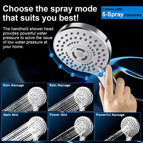 PinWin 10 Inch Chrome Rain Shower Head & 11 Inch Extension Arm - High Pressure Handheld Combo