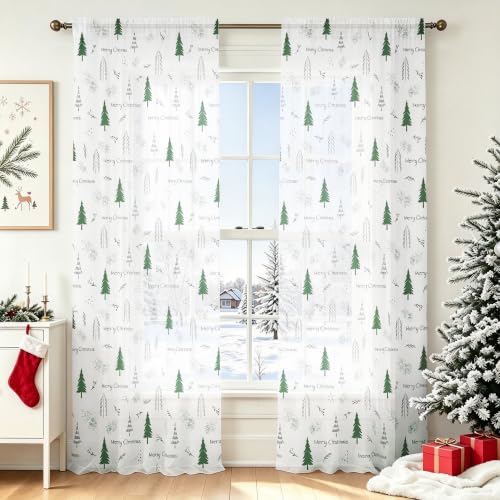 Youleyar Christmas Tree Print Sheer Curtains 72in L, Pack of 2, Green