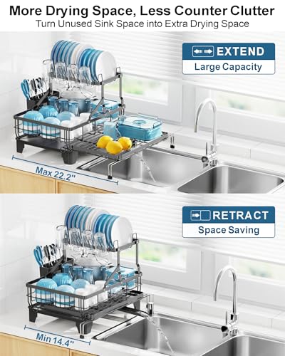 GSlife 2-Tier Expandable Dish Drying Rack for Sink & Counter - Black