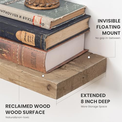 Floating Shelves Set of 2 - Rustic Reclaimed Wood Wall Storage with Heavy-Duty Invisible Brackets - 30 Inch Natural Distressed