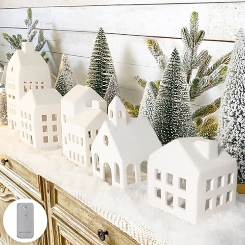 Christmas Village Set with 5 Lighted Ceramic Houses & 9 Mini Trees - Farmhouse Holiday Decor