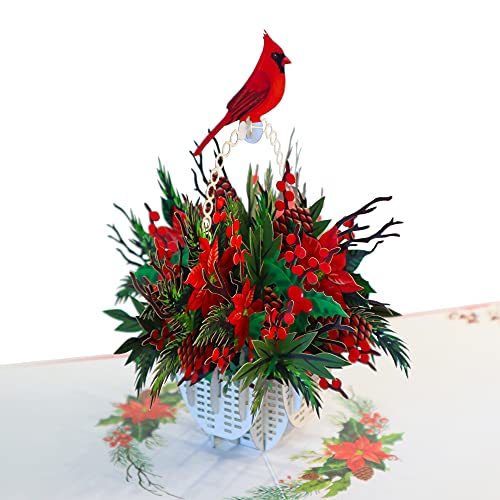 CUTE POPUP 3D Pop Up Christmas Card – Cardinal & Poinsettia (Red Cardinal) 6x6in, Envelope Included