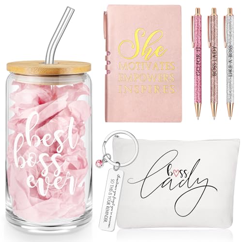 Pink Boss Appreciation Gift Set - 7Pcs for Female Leader, Includes Glass Cup, Makeup Bag, Notebook & Pens