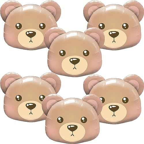 6Pcs Bear Balloons Bear Head Foil Balloons Animal Helium Balloons for Jungle Safari Woodland Theme Animal Birthday Baby Shower Valentine's Party Decoration Supplies