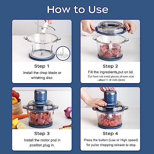 La Reveuse 7-Cup Electric Food Processor with Glass Bowl, Blue - Versatile 300W Kitchen Chopper & Blender