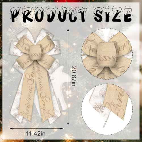 Large Christmas Bow for Wreath, Merry Christmas Wreath Bow for Front Door Wall Fence Decor White Gold Christmas Tree Topper Bow for Christmas Winter Party Home New Year Decoration Supplies