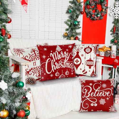 YUJUN 4 Pack Christmas Pillow Covers Decoration,18x18in Buffalo Plaid Farmhouse Red Christmas Winter Throw Pillows Cushion Case Couch Decor for Christmas Home Outdoor Decorations