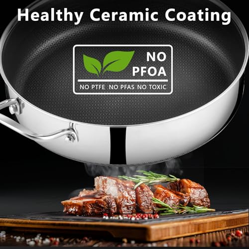 12-Inch Hybrid Nonstick Deep Sauté Pan with Lid - 5.6 Qt Stainless Steel
