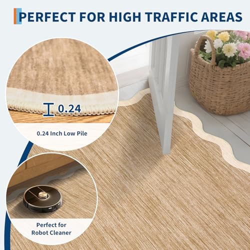 Light Brown 8x10 Scalloped Washable Rug Non Slip for Living Room