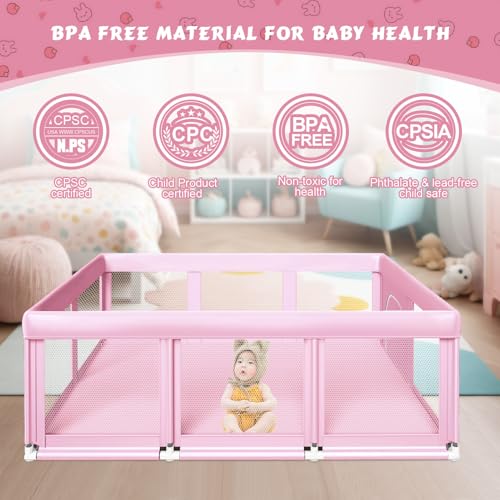 Large Baby Playpen 74x50 Inch Pink Baby Playard for Indoor & Outdoor Safety