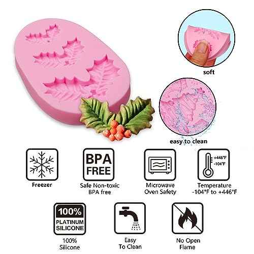 Holly Leaf Silicone Molds, 4 Packs Christmas Pine Cones Berry Tree Fondant Molds for Christmas Cake Decoration Cupcake Topper Soap Candy Chocolate Sugar Clay