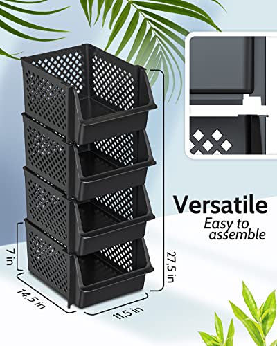 Skywin 4 Pack Stackable Open Front Pantry Storage Bins - Black