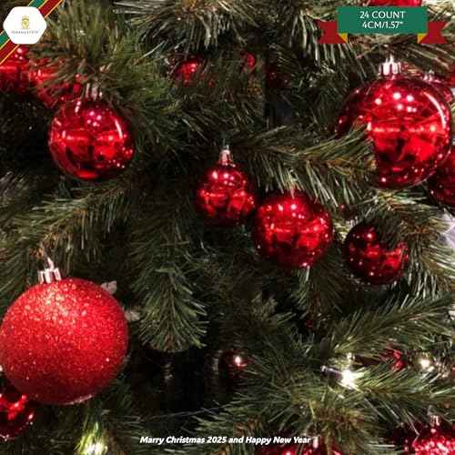 Paramexview¢ç 24 Pcs Christmas Balls Set, 40mm/1.57" inch, Christmas Tree Hanging Shatterproof Ornaments Decoration, Pre-Hooked Hanging Balls, Seasonal Home Decoration for Trees (Red)