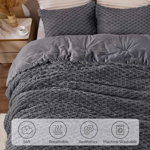 BEDELITE Fluffy Queen Comforter Set, Dark Grey Fleece Bed Set 3 Pieces