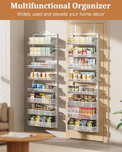 POKIPO White 8-Tier Over the Door Pantry Organizer - Heavy-Duty Metal Spice Rack, Wall Mount or Hanging Kitchen Storage Shelf