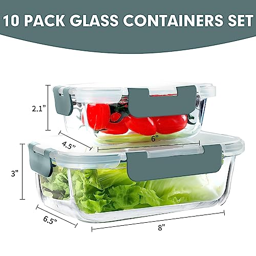 Grey Glass Meal Prep Containers Set with Airtight Locking Lids - 10 Pack