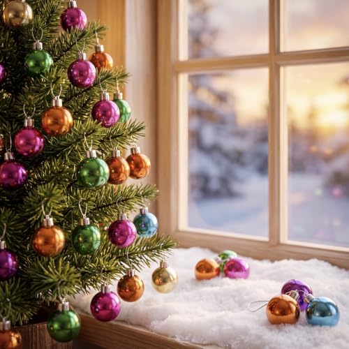 Simgoing 60 Pcs 1.18in Neon Christmas Ornament Balls with Hanging Rope