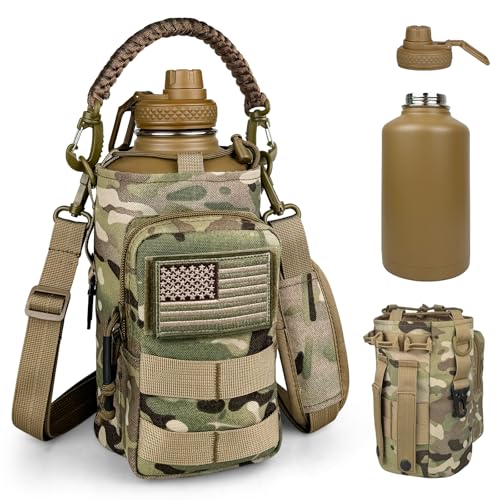 64oz Insulated Water Bottle with MOLLE Pouch - Tactical Half Gallon Jug, Camo