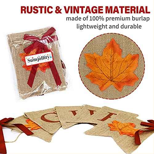 Give Thanks Burlap Banners Thanksgiving Decorations | Rustic Turkey Pumpkin Burlap Garland | Thanksgiving Party Supplies - 2 Strings, NO DIY Fireplace Mantle Home Decoration