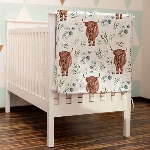 HawSkgFub Highland Cow Eucalyptus Leaf Baby Blanket Boys Shower Gift, Western Cowboy Flannel Fleece Nursery Bed Receiving Swaddle, Soft Lightweight Newborn Infant Crib Toddler Bedding 30 x 40