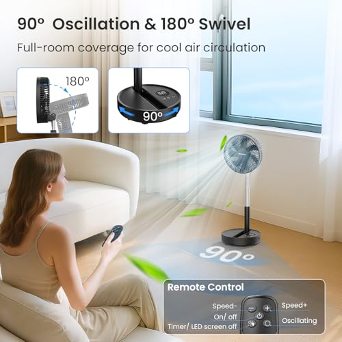 Black Portable Standing Fan with Remote, 8000mAh Battery, Oscillating & Foldable