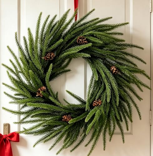 21-inch Norfolk Pine Wreath Christmas Front Door Decor - Real Touch & Pinecones