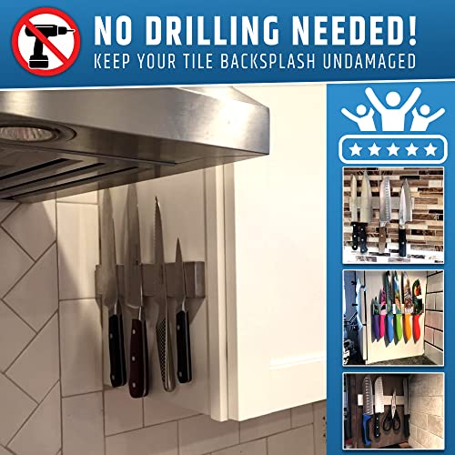 10-Inch No-Drill Magnetic Knife Holder - Strong Adhesive Wall Bar - Stainless Steel - Upgraded Version