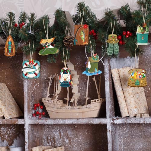 36 Pcs Fishing Christmas Ornaments—Wooden Fisherman Holiday Décor Set