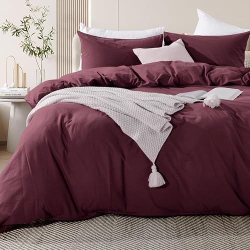 King Size Burgundy Duvet Cover Set Linen Look 100% Washed Cotton Textured Bedding