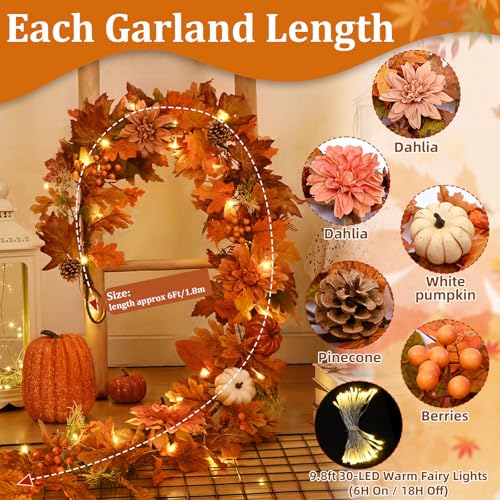 Orange 6FT Fall Garland with Lights - 2 Pcs Autumn Decor for Mantle & Porch