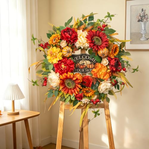 24 Inch Fall Wreath with Pumpkins and Sunflowers - Rustic Autumn Door Decor - NaturaWre Pumpkin Wreath