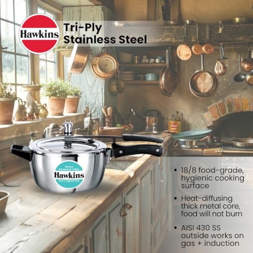 Hawkins 3.7 Quarts Triply Stainless Steel Pressure Cooker with Inner Lid, Silver HSST35