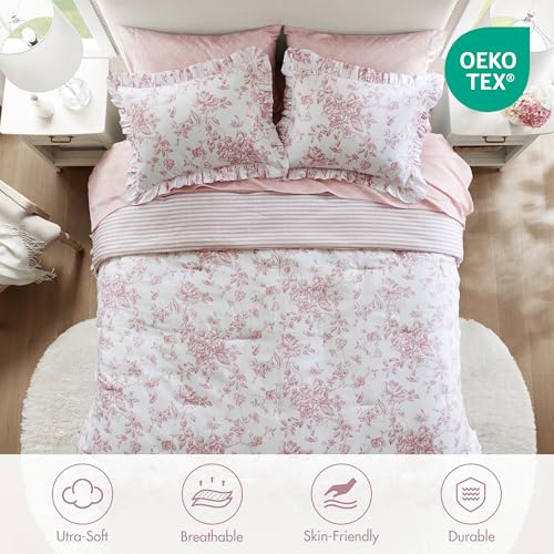 Madison Park 7-Piece Pink Floral Comforter Set with Sheets Full