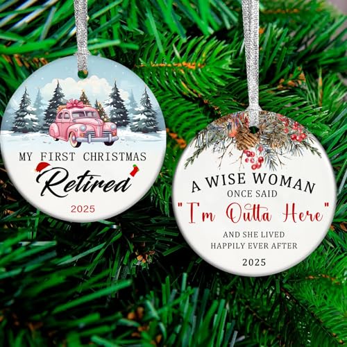 Christmas Retirement Gifts for Women 2025, Double Side Xmas Tree Hanging Decorations Happy Retirement Ornament Ceramic 3" with Gift Box Inspirational Gift for Retired Coworker Teachers Old Friends