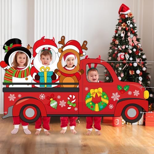 Large 75 Inch Christmas Red Truck Photo Booth Backdrop with Reindeer Santa Snowman