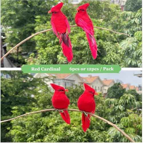 6pcs Red Cardinals Bird Decor Christmas Tree Ornaments 5.5Inch Clip on Fabric Feathered Artificial Birds for Xmas Party Decoration Wreath Crafts