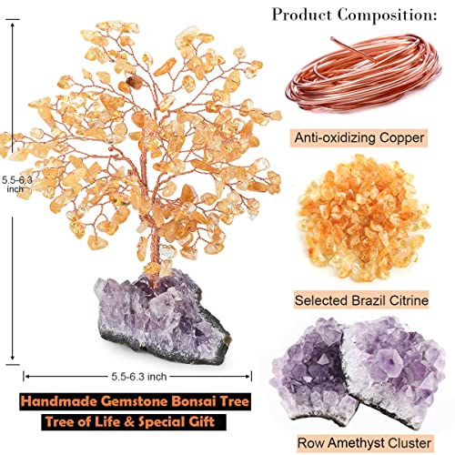 MASGEMES Citrine with Amethyst Cluster Base Crystal Bonsai Tree – 5.6-6.3 in, Feng Shui Money Tree