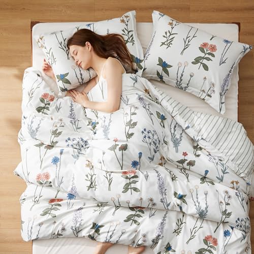 Bedsure Floral Queen Comforter Set - White Soft & Fluffy Fall Bedding, 3 Pieces