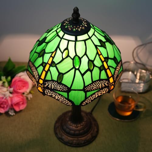 8-Inch Tiffany Dragonfly Stained Glass Table Lamp - Small Bedside Lamp for Living Room & Office